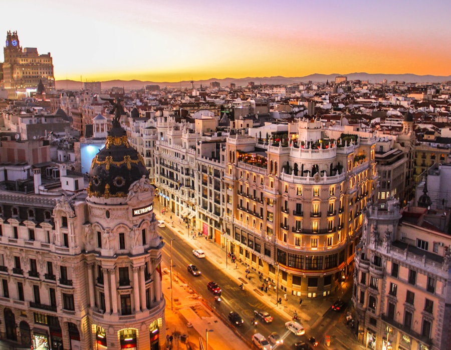 Historic Spanish city at dusk, representing the cultural setting of a Spanish wedding